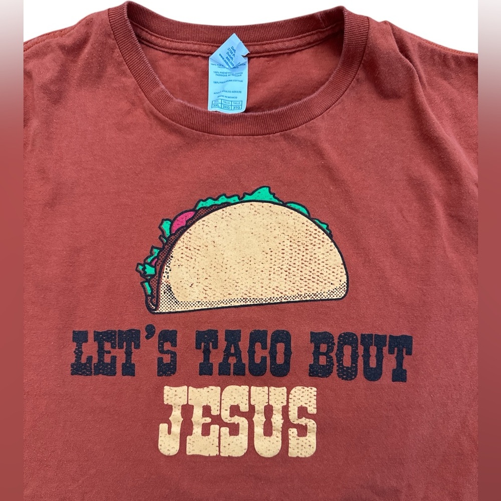 Vintage‎ Y2K Humor T-Shirt “Let’s Taco Bout Jesus” Men’s Size 3XL Burnt Orange